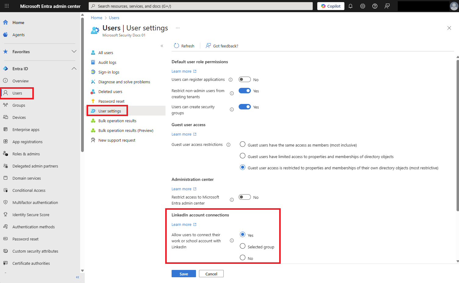 Capture d’écran du processus d’intégration des connexions au compte LinkedIn dans l’organisation.