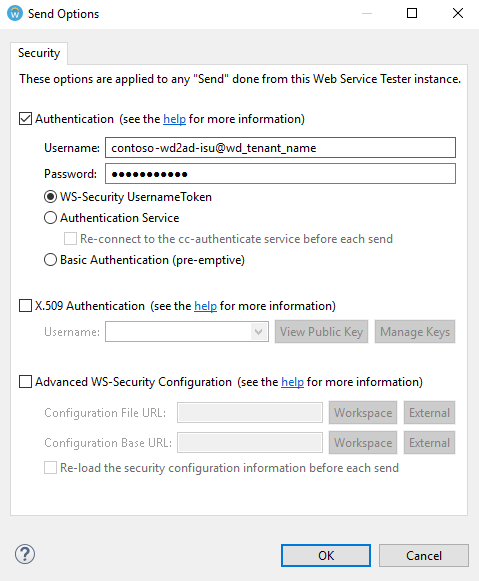 Capture d’écran représentant l’onglet «&nbsp;Sécurité&nbsp;», où le «&nbsp;Nom d’utilisateur&nbsp;» et le «&nbsp;Mot de passe&nbsp;» sont entrés, et où l’option «&nbsp;WS-Security UsernameToken&nbsp;» est sélectionnée.