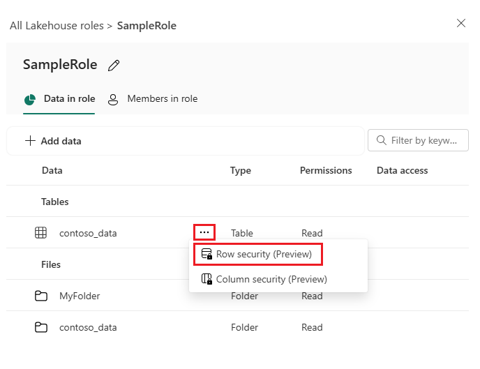 Capture d’écran montrant la sélection de «&nbsp;Sécurité des lignes&nbsp;» pour modifier les autorisations sur une table.