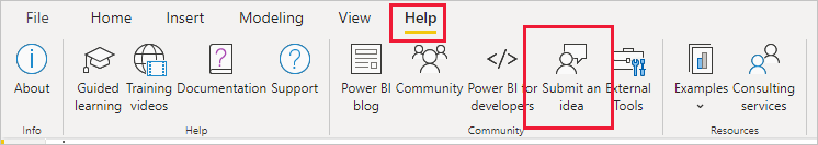Capture d’écran de l’élément de menu Envoyer une idée dans Power BI Desktop.