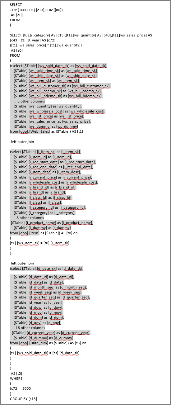 Screenshot d’une requête SQL générée avec des sous-sélections représentant des définitions de table Power Query pliées.