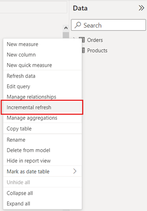 Vue Table montrant le menu contextuel Table avec l'actualisation incrémentielle sélectionnée.