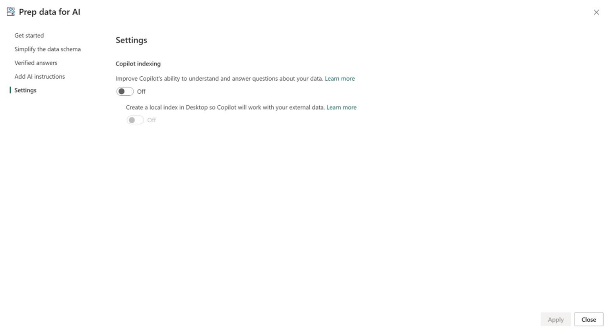 Capture d’écran de la page Préparer les données pour l’IA dans Power BI Copilot.