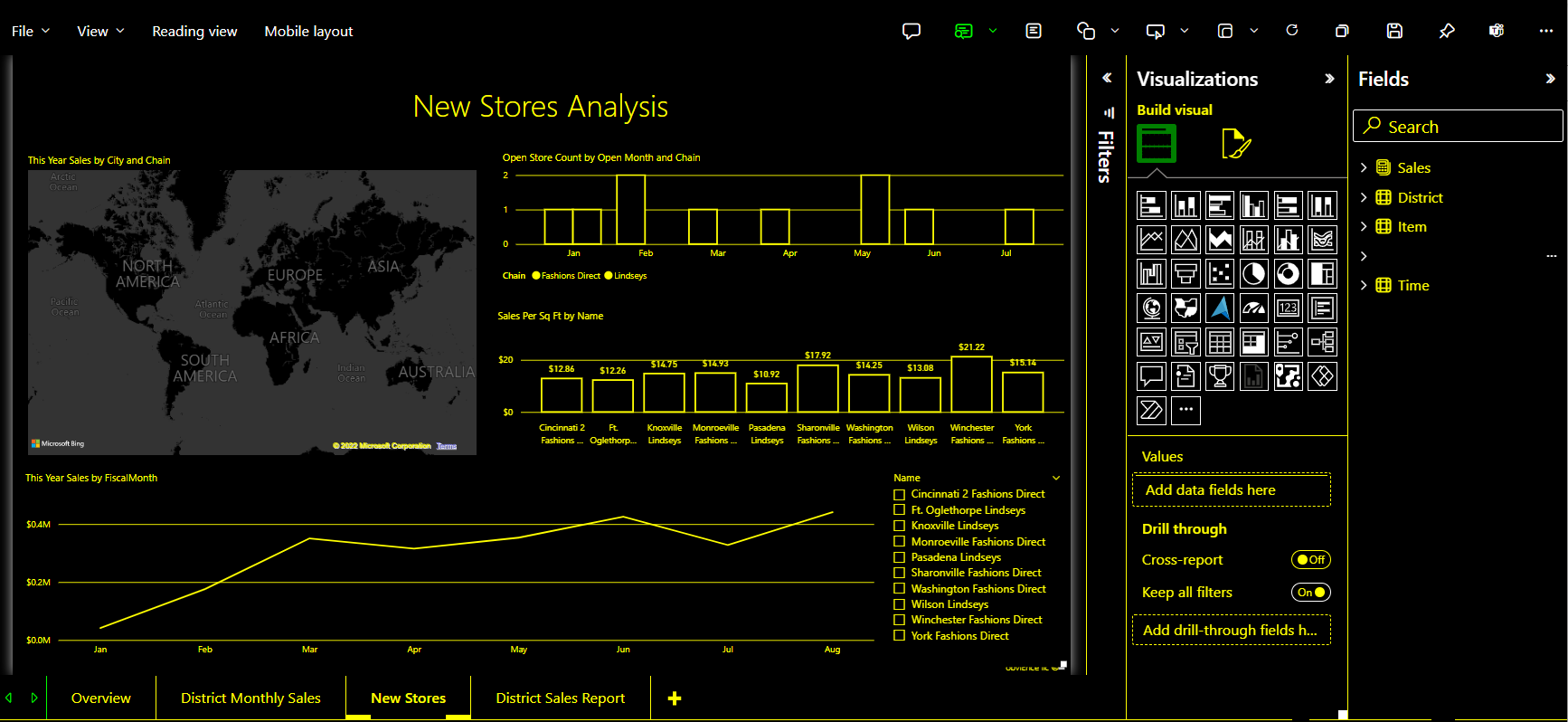 Capture d’écran du paramètre de couleur à contraste élevé dans le service Power BI montrant du texte jaune et des visuels sur un arrière-plan noir.