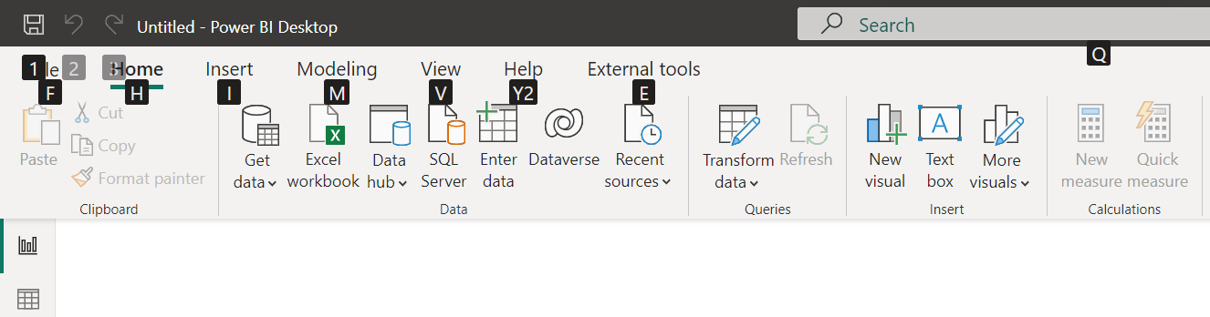Capture d’écran de Power BI Desktop avec touches d’accès.