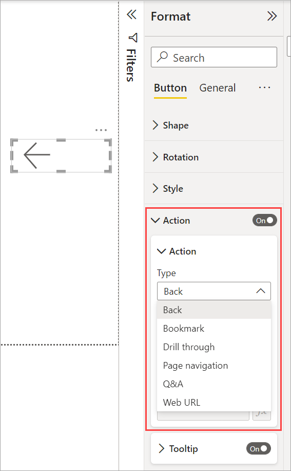 Capture d’écran des sélections d’action pour un bouton dans Power BI.