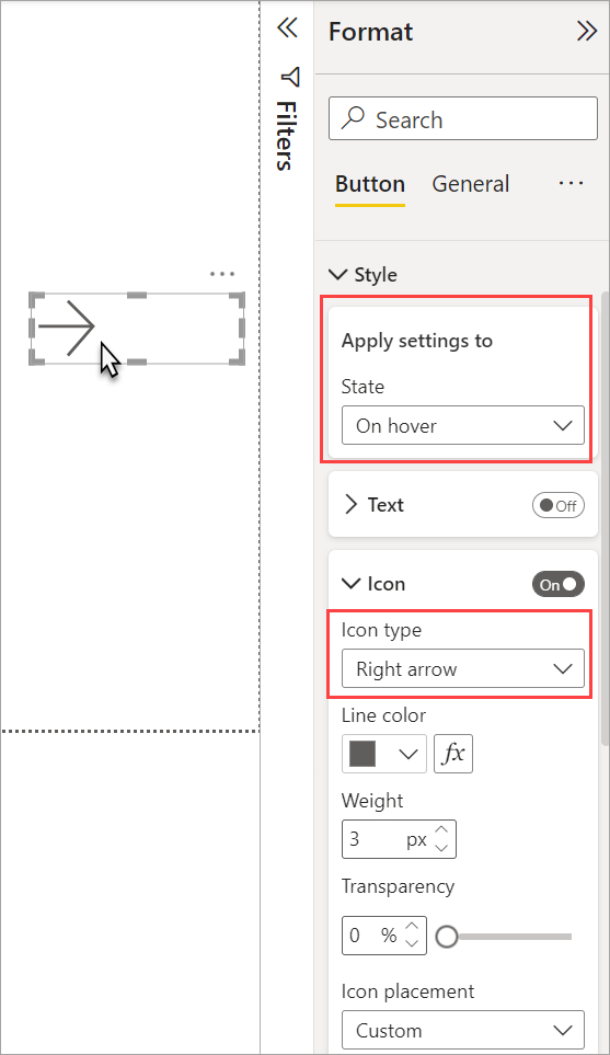 Capture d’écran de l’état au survol d’un bouton dans un rapport Power BI.