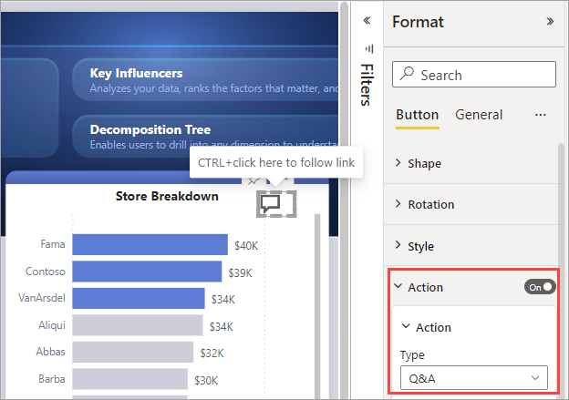 Capture d’écran d’un bouton Q&A dans un rapport Power BI.
