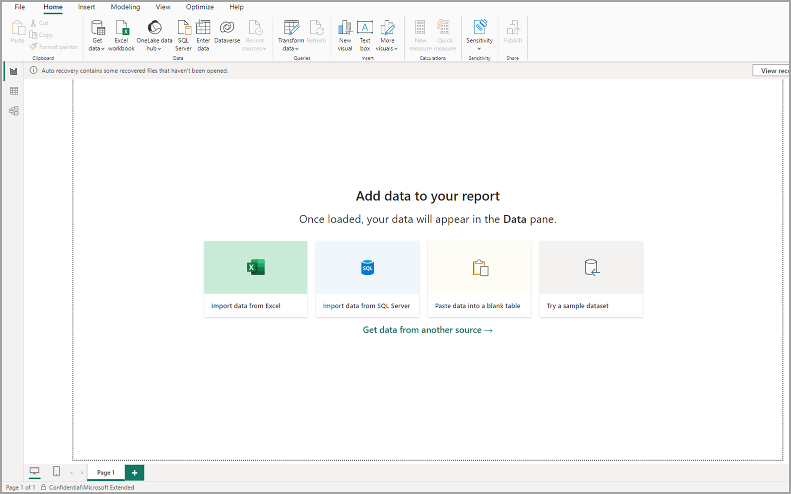 Capture d’écran d’un canevas de rapport vide dans Power BI Desktop.