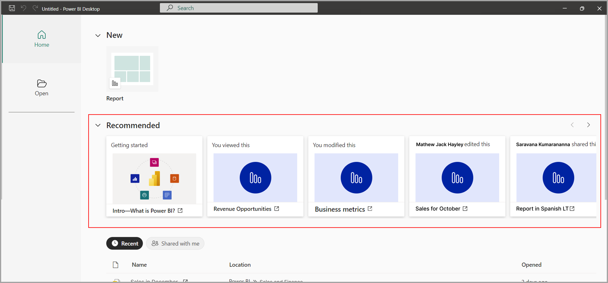 Capture d’écran des rapports recommandés dans la page d’accueil de Power BI Desktop.