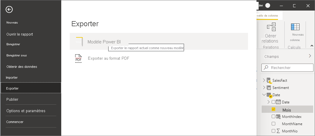 Capture d’écran de Power BI Desktop montrant les options d’exportation.