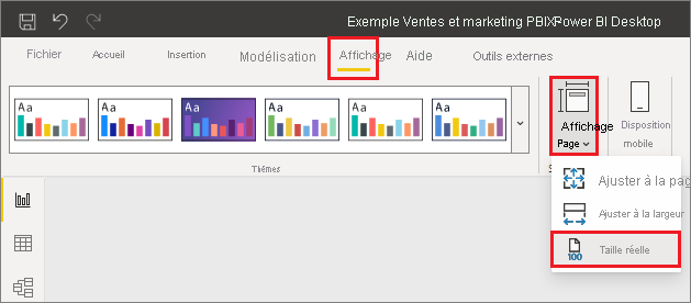 Capture d’écran du menu déroulant de vue de page pour montrer la taille réelle et faciliter la création des info-bulles.