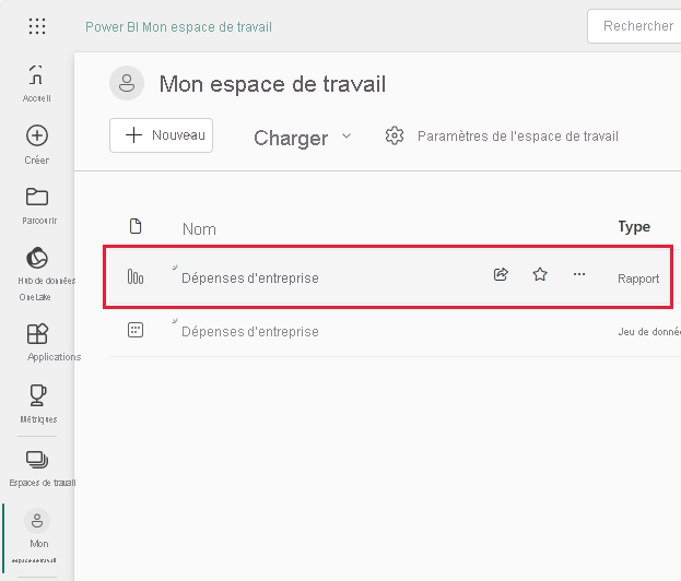 Capture d’écran montrant le rapport d’échantillon des dépenses de l’entreprise et les liens de modèle sémantique.