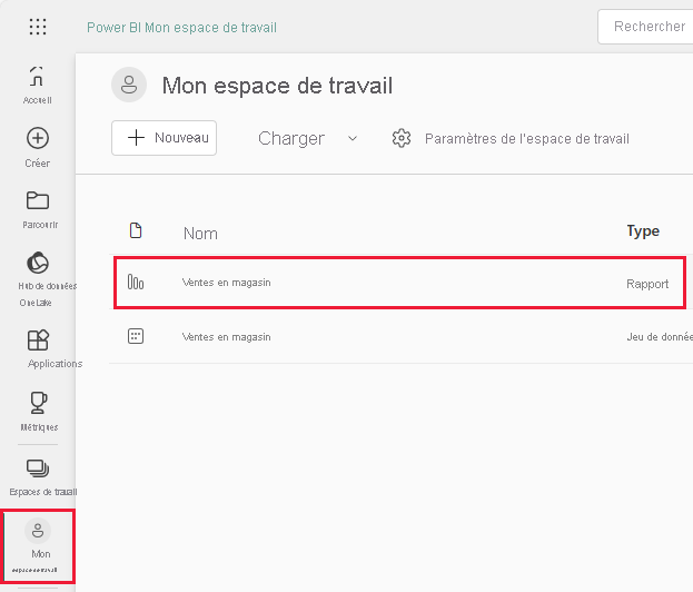 Capture d’écran montrant Mon espace de travail avec le rapport Store Sales mis en surbrillance.