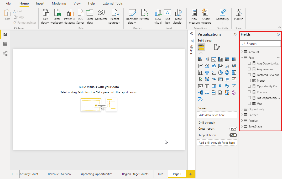 Capture d’écran de Power&nbsp;BI Desktop avec la liste Champs mise en évidence