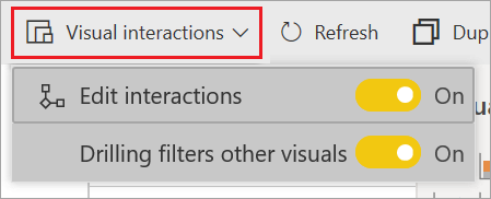 Capture d’écran du service Power BI, mettant en évidence la liste déroulante interactions visuelles.
