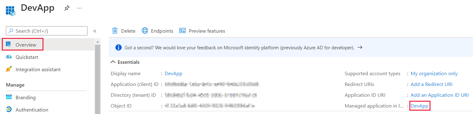 Capture d’écran de la fenêtre du portail Azure, qui montre l’application gérée dans l’option répertoire local dans le panneau Vue d’ensemble d’une application Microsoft Entra.