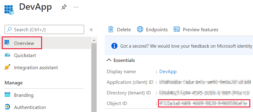 Capture d’écran de la fenêtre du portail Azure, qui affiche l’ID d’objet dans le panneau Vue d’ensemble d’une application Microsoft Entra.