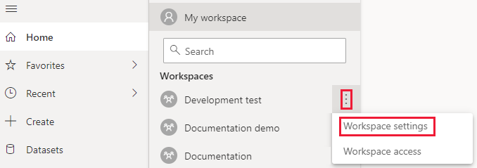 Capture d’écran du service Power BI, avec le menu Plus d’un espace de travail étendu. Dans ce menu, les points de suspension et les paramètres de l’espace de travail sont mis en surbrillance.