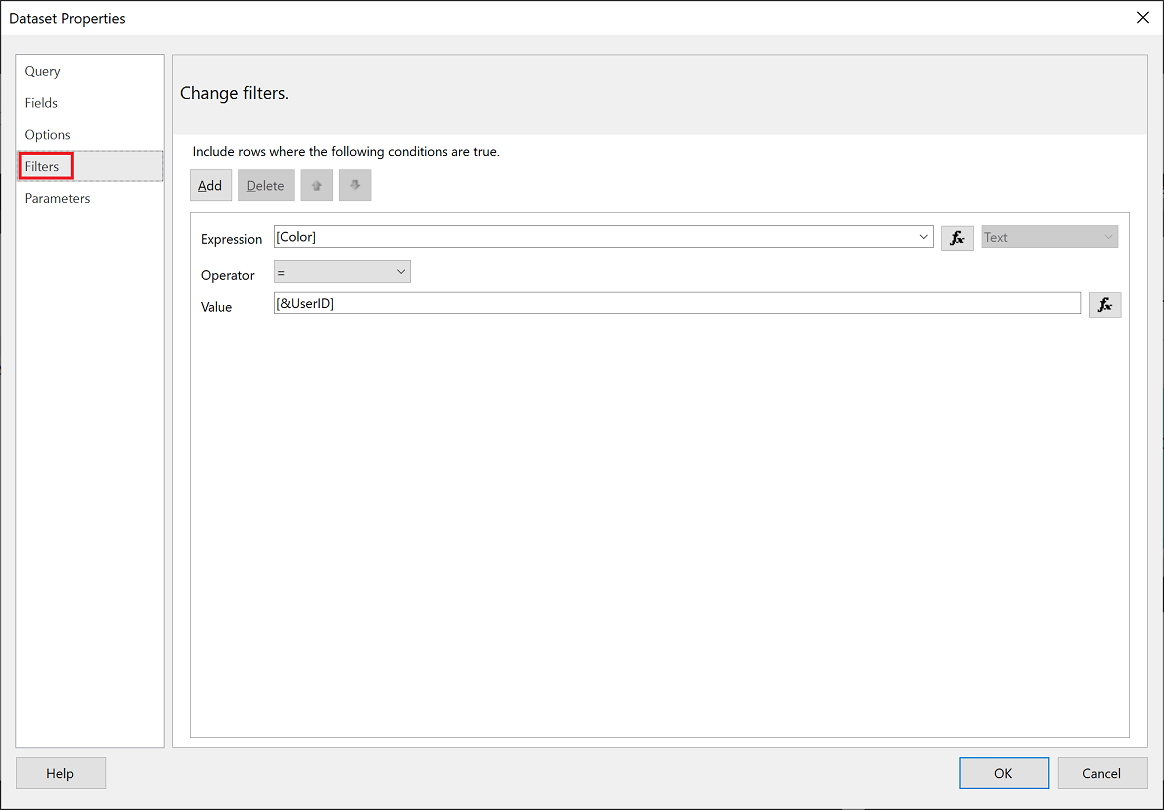 Capture d’écran du filtre Power&nbsp;BI Report Builder.