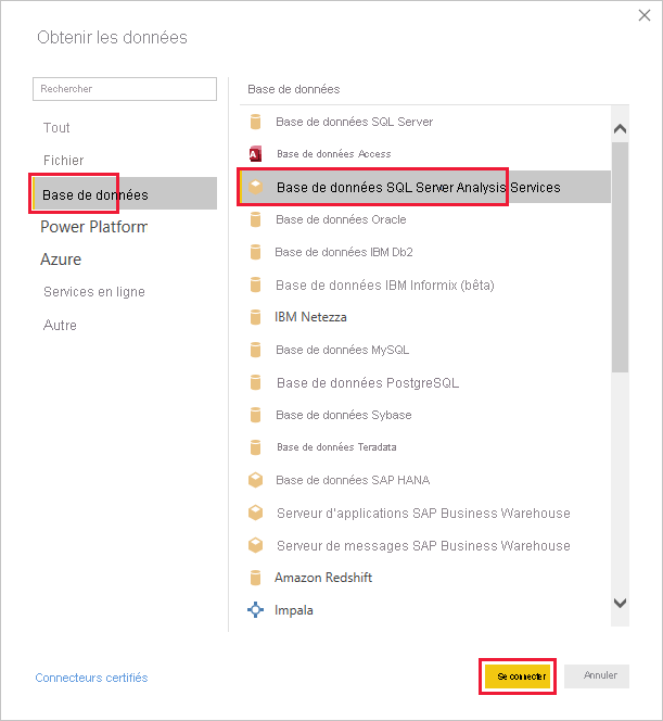 Se connecter à la base de données SQL&nbsp;Server Analysis&nbsp;Services.