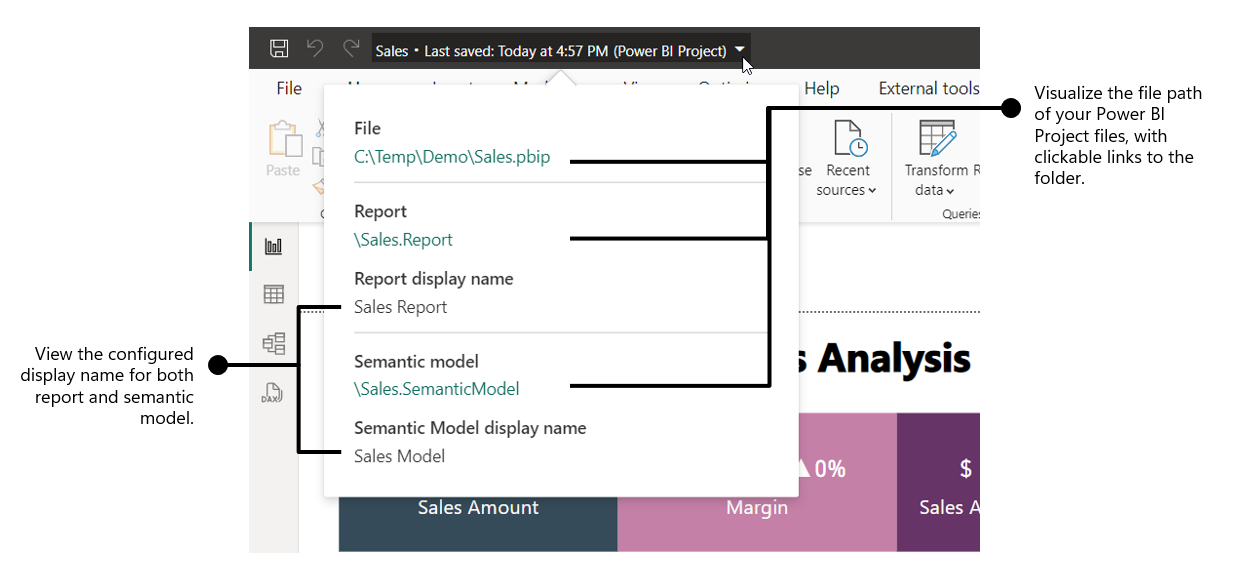 Capture d’écran montrant le menu volant de titre Power BI Desktop.
