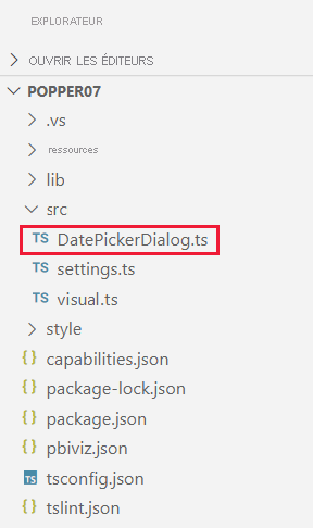 Capture d’écran montrant l’emplacement d’un fichier d’implémentation de boîte de dialogue appelé DatePickerDialog.ts dans un projet de visuels Power&nbsp;BI.