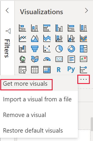 Capture d’écran de l’option Obtenir plus de visuels du volet de visualisation de Power&nbsp;BI.