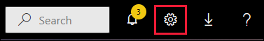 Capture d’écran montrant la barre de menus Power BI avec la zone de recherche, les boutons d’icône et l’icône d’engrenage indiquée.