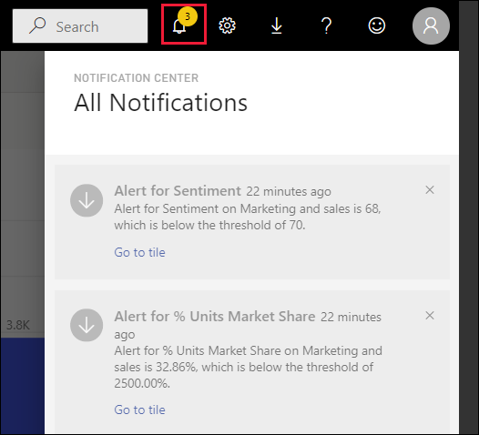 Capture d’écran montrant le Centre de notifications avec l’icône de notification appelée et les notifications visibles.