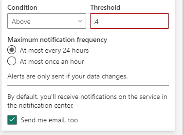 Capture d’écran montrant la fenêtre de gestion des alertes avec la condition définie sur Ci-dessus.