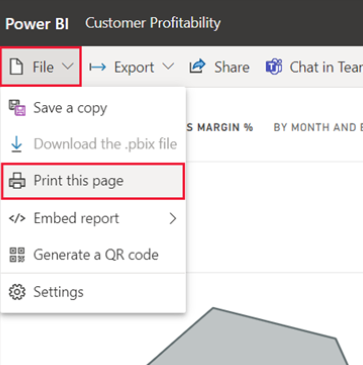 Capture d’écran du menu Ouvrir le fichier et imprimer cette page sélectionnée du service Power&nbsp;BI.