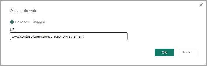 Capture d’écran de la boîte de dialogue À partir du web montrant une connexion à la source de données à partir d’une URL.