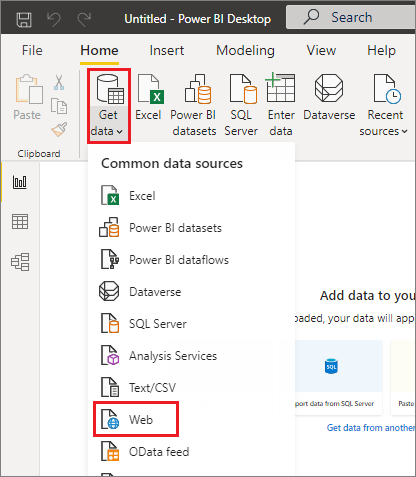 Screenshot de Power BI Desktop, mettant en surbrillance la sélection web sous le menu déroulant Obtenir des données.