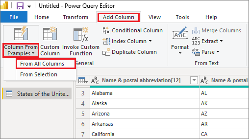 Capture d'écran de l'Éditeur Power Query, surlignant Ajouter une colonne, Colonne à partir d'exemples, et De toutes les colonnes.