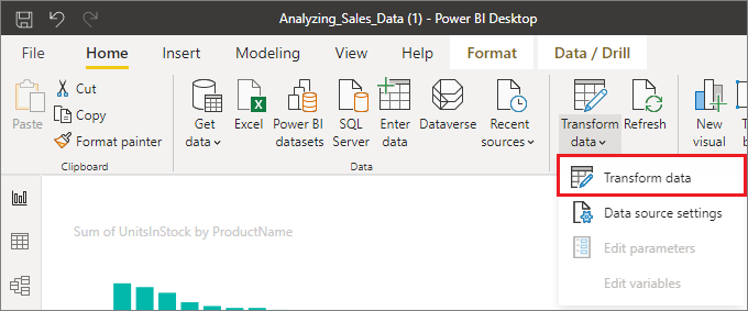 Capture d'écran de Power BI Desktop, mettant en évidence la sélection Transform data.