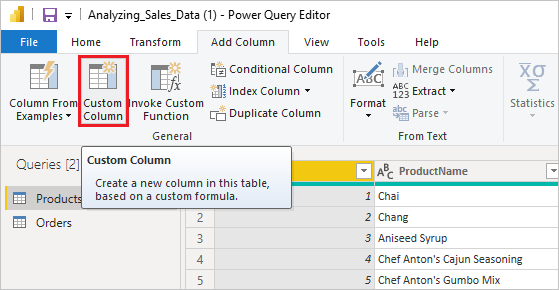Screenshot du Éditeur Power Query avec la colonne personnalisée mise en surbrillance.