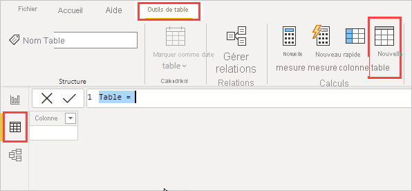 Capture d'écran du ruban du menu Power BI Desktop avec les outils de tableau, la Nouvelle table et la vue Table en surbrillance.