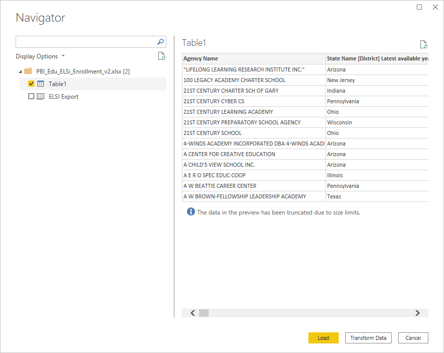 Capture d’écran de la boîte de dialogue Navigateur avec le tableau 1 choisi pour charger.