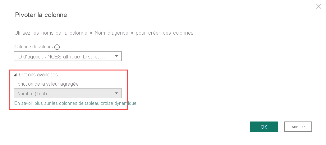 Capture d’écran de la boîte de dialogue Colonne de pivot mettant en évidence les options avancées.