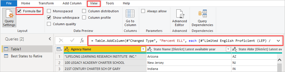 Capture d’écran de l’éditeur Power Query mettant en surbrillance la case à cocher Barre de formule sous l’onglet Affichage.