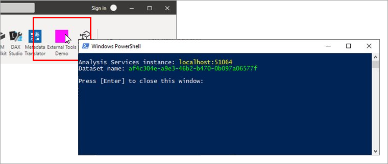 Capture d’écran de la sortie de la console PowerShell créée à partir de l’exemple d’outil externe.