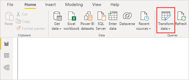Capture d’écran de Power BI Desktop avec l’icône Transformer les données en évidence.