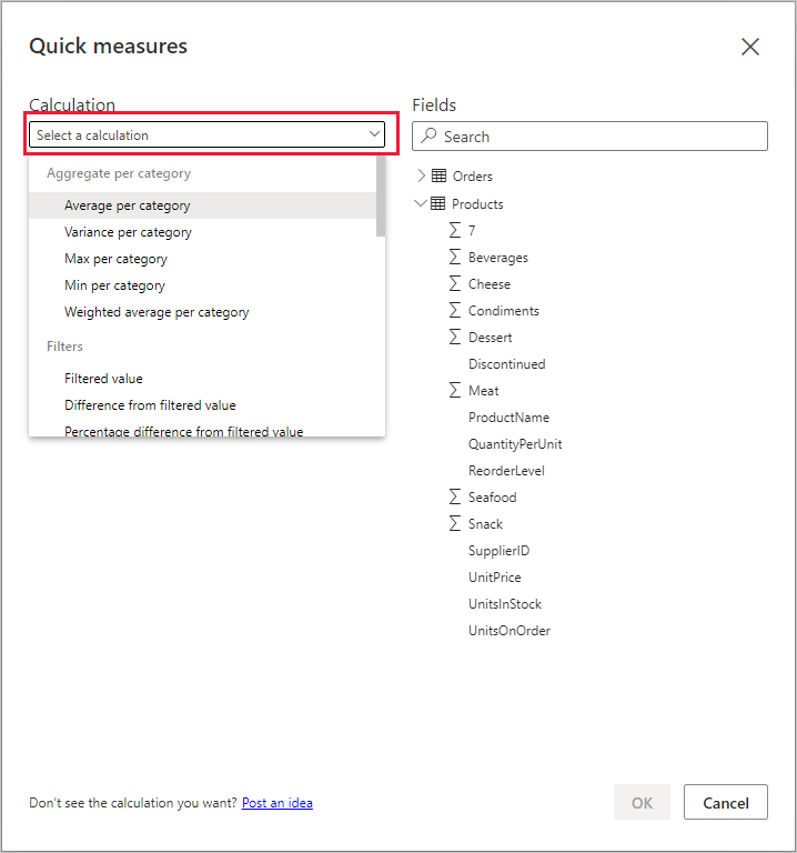 Capture d’écran de l’écran Mesures rapides et menu déroulant Sélectionner un calcul.