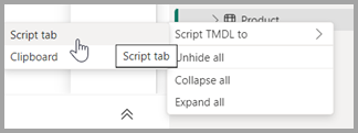 Capture d’écran du clic droit sur un objet en mode Données pour que Power BI crée du code de métadonnées T-M-D-L.