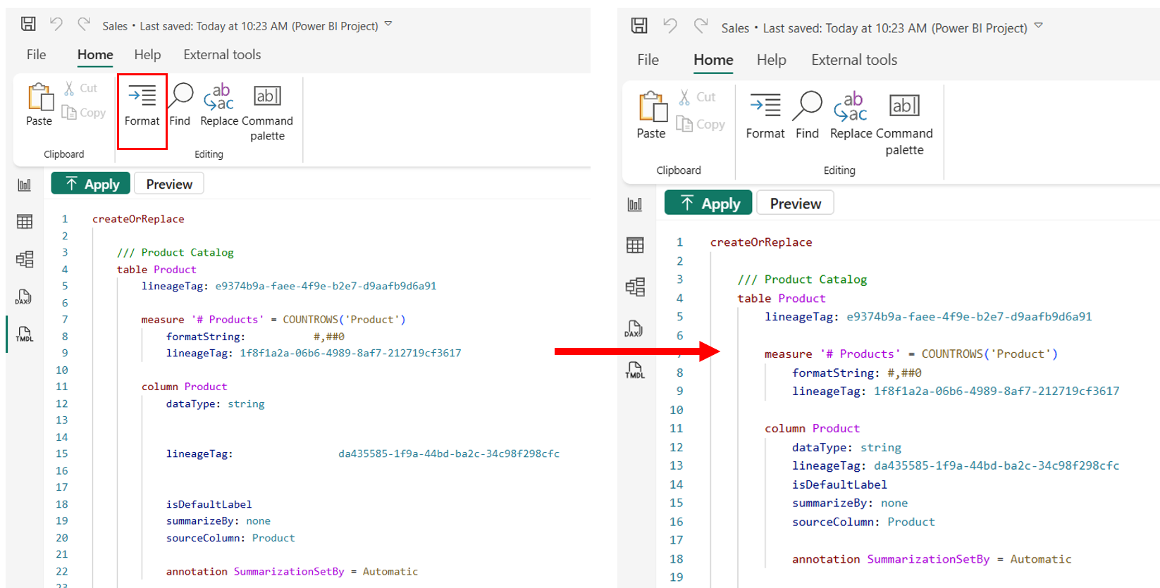 Capture d’écran de l’éditeur de code avec le code TMDL mis en forme à l’aide de l’option Format dans le ruban.