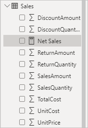 Capture d’écran de la mesure Net Sales dans la liste des champs de la table Sales.