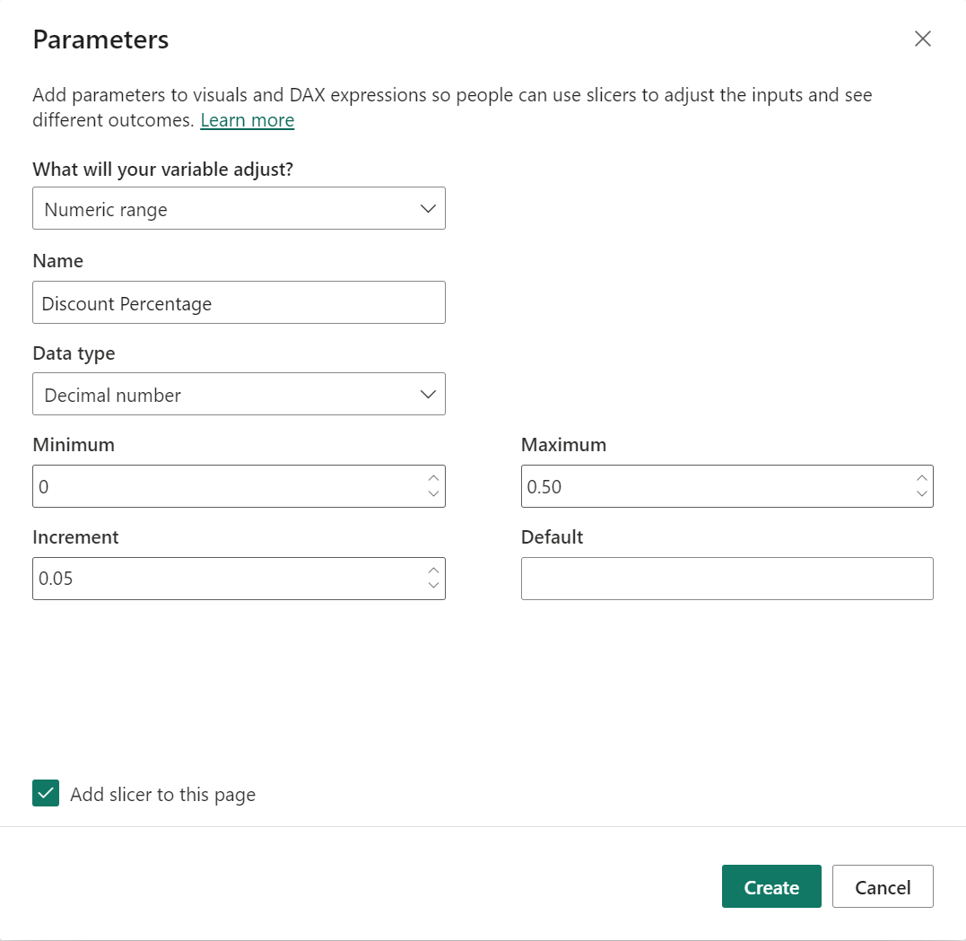 Capture d’écran de la boîte de dialogue Paramètres dans Power BI Desktop. Les champs Nom, Type de données, Minimum, Incrément et Maximum contiennent des données.