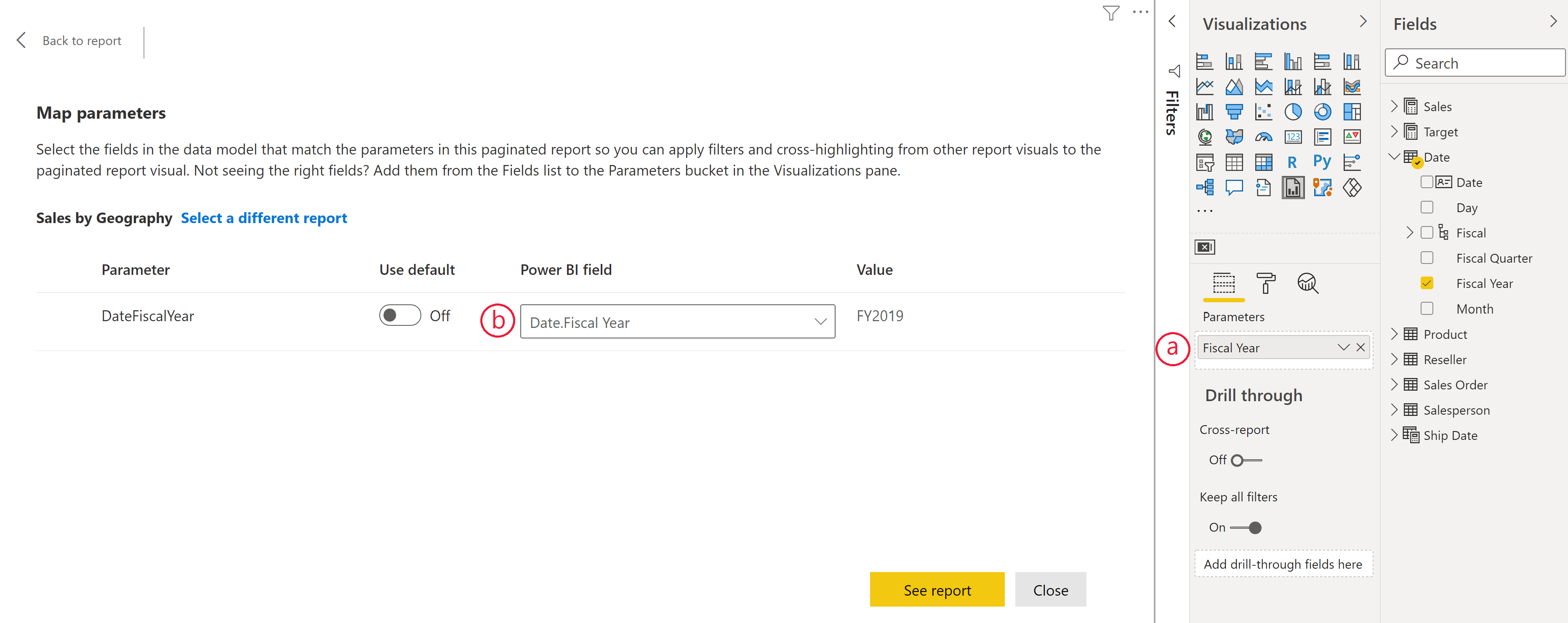 Capture d’écran de la liaison d’un champ dans Power&nbsp;BI à un paramètre du visuel de rapport paginé.