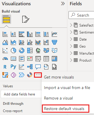 Capture d’écran de l’option permettant de restaurer le volet visualisations par défaut.